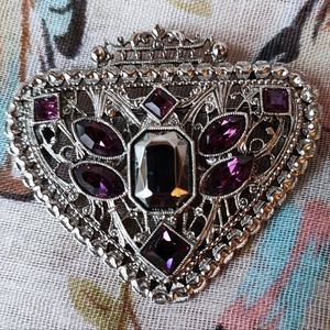 Silver Tone Art Deco Hematite Amethyst Purple Rhinestone Ornate Brooch Repro EUC